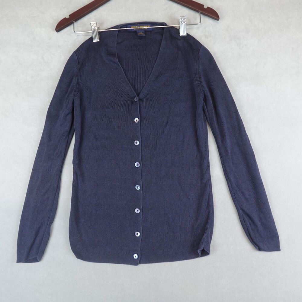 VTG Brooks Brothers Cardigan Sweater 100% Silk Navy Size XS Knit Long Sleeves